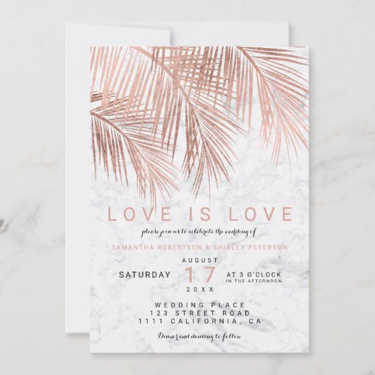 モダンのばら色の金色やし自由章の木の大理石のレズビアンの結婚式 招待状 (正面)