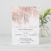 モダンのばら色の金色やし自由章の木の大理石のレズビアンの結婚式 招待状 (スタンド正面)