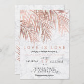 モダンのばら色の金色やし自由章の木の大理石のレズビアンの結婚式 招待状 (正面/裏面)