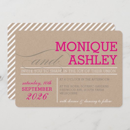 モダンのシンプル結婚文字はっきりしたピンククラフトホワイト 招待状 (正面/裏面)
