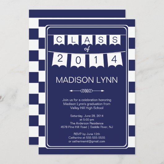 モダンのストライプな長旗の旗布の卒業パーティー 招待状 (正面/裏面)
