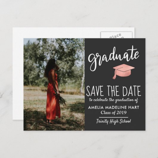 モダンの大学院の帽子の保存日付の写真の灰色 案内ポストカード (正面/裏面)