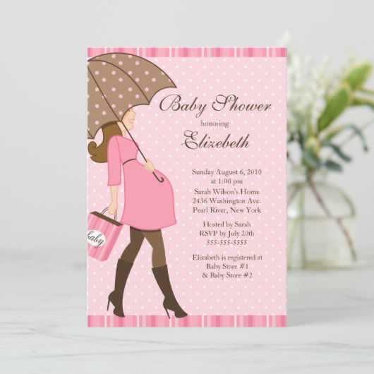 モダンの妊娠したお母さんのピンクの女の子のベビーシャワー 招待状 (スタンド正面)