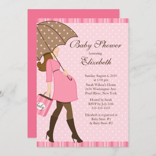 モダンの妊娠したお母さんのピンクの女の子のベビーシャワー 招待状 (正面/裏面)