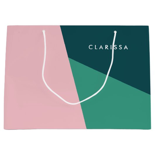 モダンの抽象的で幾何学的なパステル調のピンク及び緑 ラージペーパーバッグ (正面)