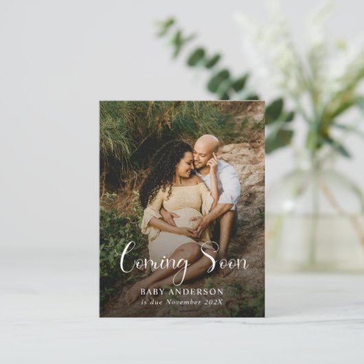 モダンの来ベビー写真妊娠 案内ポストカード (スタンド正面)