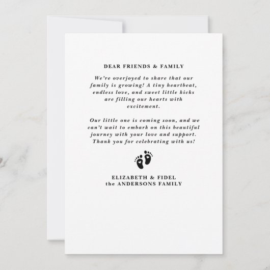 モダンの来ベビー写真妊娠 案内状 (裏面)