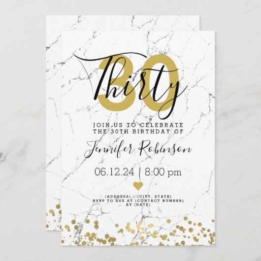 モダンの第30誕生会の金ゴールドの大理石 招待状 (正面/裏面)