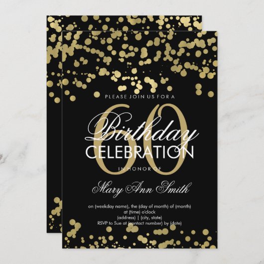 モダンの第60誕生会の金ゴールドホイルの紙吹雪 招待状 (正面/裏面)