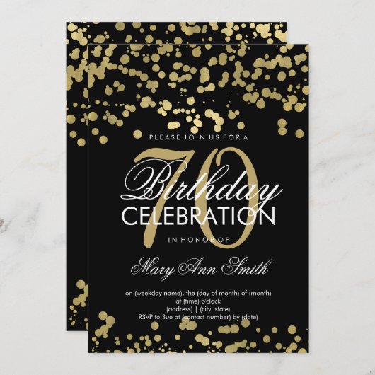 モダンの第70誕生会の金ゴールドホイルの紙吹雪 招待状 (正面/裏面)