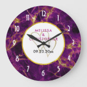 モダンの紫と金ゴールドの抽象芸術大理石 ラージ壁時計 (正面)
