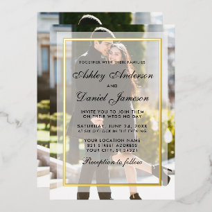 モダンの結婚オーバーレイFront Back Photo金ゴールド 箔招待状