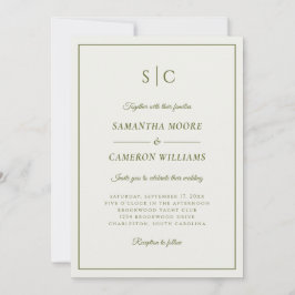 モダンの結婚クラシックモノグラムクリーム&グリーン 招待状