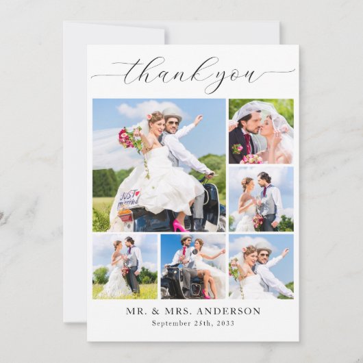 モダンの結婚シンプル写真パーソナライズされたコラージュ サンキューカード (正面)