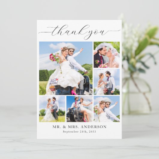モダンの結婚シンプル写真パーソナライズされたコラージュ サンキューカード (スタンド正面)