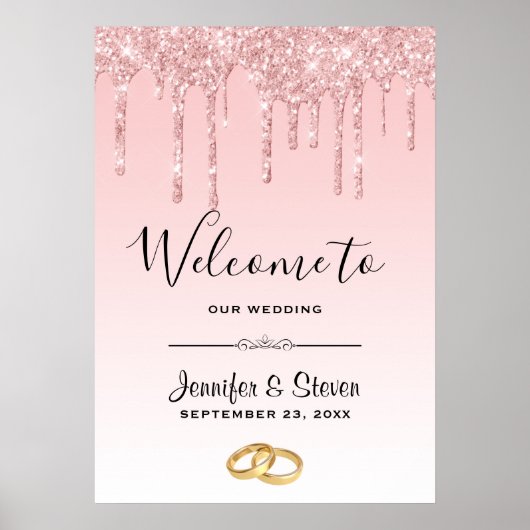 モダンの結婚ピンクのグリッタードリップスウェルカム ポスター (正面)