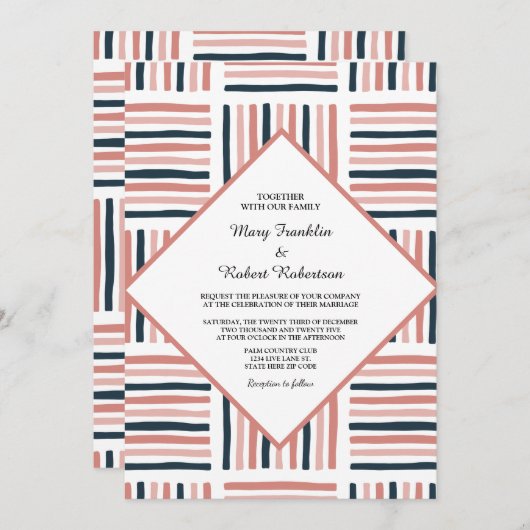 モダンの結婚ピンク色トレンディーストライプの 招待状 (正面/裏面)