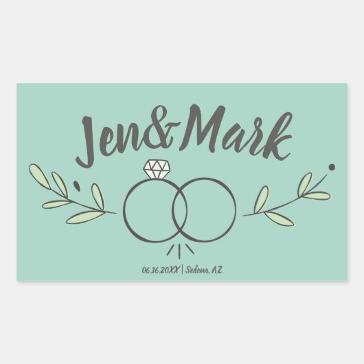 モダンの結婚リングや輪Doodle日付を保存 長方形シール (正面)