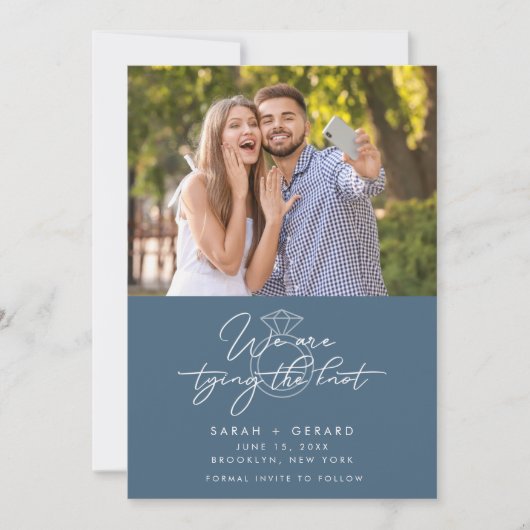 モダンの結婚写真の青の日付を保存 案内状 (正面)