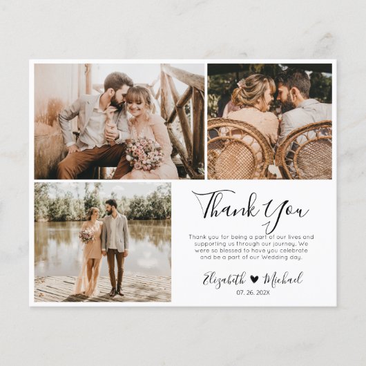 モダンの結婚写真コラージュありがとうスクリプトカード (正面)