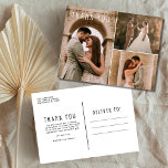 モダンの結婚写真コラージュ ポストカード<br><div class="desc">美しい結婚サンキューカードあなたのお気に入りのお祝いの写真の結婚3つ。写真カスタマイズの前側(サイドの暗い写真を使用して離れ白い文字を救済表示する)。カードの裏に詳細を追加する。各ゲストに対してもしメッセージを追加したいカーカスタムドを一度に1枚ご注文いただけます。連絡もし写真を切り取ったり置いたり、リクエストを受け救済て欲しい。</div>
