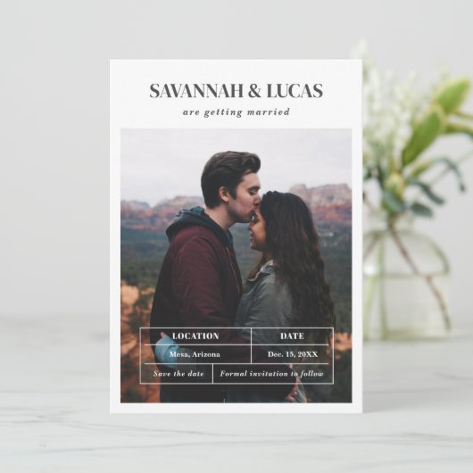 モダンの結婚写真日付の保存 招待状 (スタンド正面)