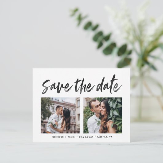 モダンの結婚正方形の写真の日付を保存 案内ポストカード (スタンド正面)