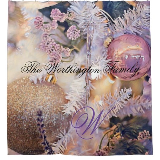 モダンの絵画クリスマスの木の紫色の装飾 シャワーカーテン (正面)