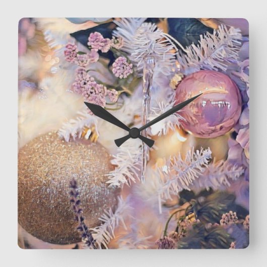 モダンの絵画クリスマスの木の紫色の装飾 スクエア壁時計 (正面)