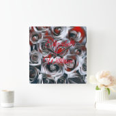 モダンの絵画白黒シルバーとレッドローズ スクエア壁時計 (ホーム)