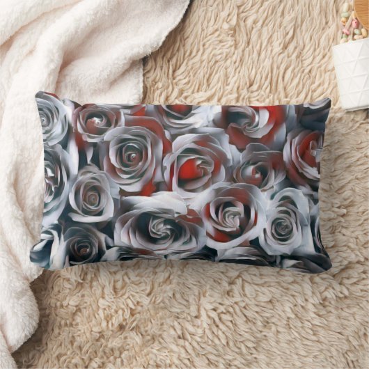 モダンの絵画白黒シルバーとレッドローズ ランバークッション (ブランケット)