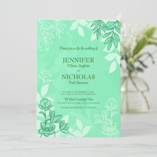 モダンの花葉とオーナメント結婚の 招待状 (スタンド正面)