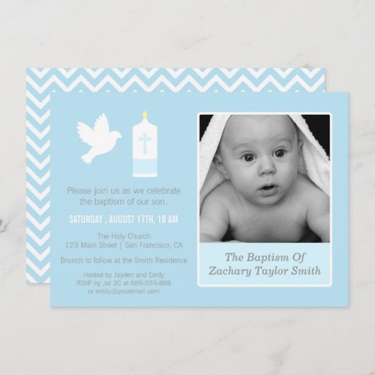 モダンの鳩および蝋燭の写真の洗礼の招待状 招待状 (正面/裏面)