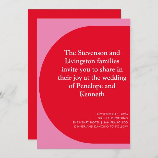 モダンはっきりしたよくはしゃぐ幾何結婚赤 招待状 (正面/裏面)