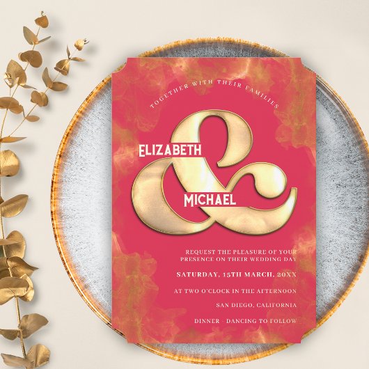 モダンはっきりしたエレガント金ゴールド及びピンクマゼンタ結婚ンズ 招待状