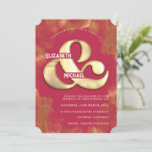 モダンはっきりしたエレガント金ゴールド及びピンクマゼンタ結婚ンズ 招待状 (スタンド正面)