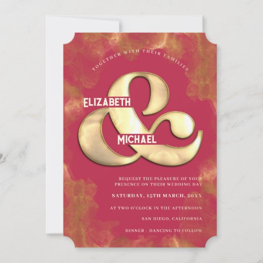 モダンはっきりしたエレガント金ゴールド及びピンクマゼンタ結婚ンズ 招待状 (正面)