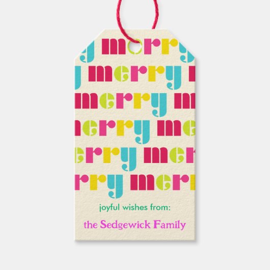 モダンはっきりしたカラフルパーソナライズされたメリー ギフトタグ (正面)