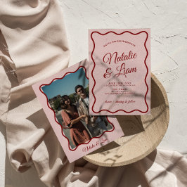 モダンはっきりしたカラフルファンキーレトロ結婚ズ 招待状