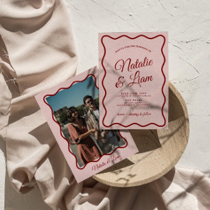 モダンはっきりしたカラフルファンキーレトロ結婚ズ 招待状