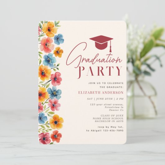 モダンはっきりしたカラフルフローラ水彩卒業 招待状 (スタンド正面)