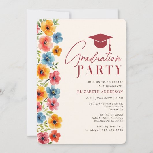 モダンはっきりしたカラフルフローラ水彩卒業 招待状 (正面)