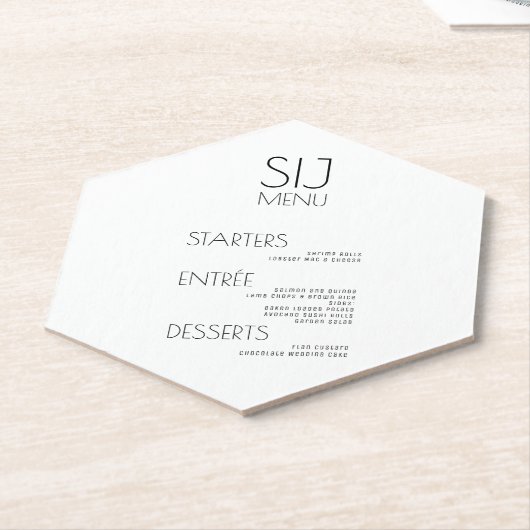 モダンはっきりしたシンプル白黒結婚のメニュー ペーパーコースター (アングル)