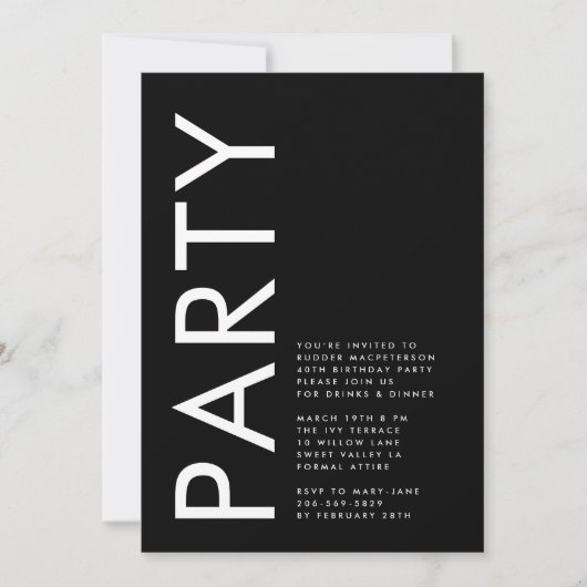 モダンはっきりしたシンプル白黒40番目のパーティー誕生日 招待状 (正面)
