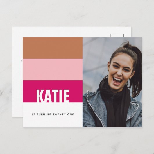 モダンはっきりしたストライプピンクタン写真21歳誕生日 ポストカード (正面/裏面)