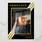 モダンはっきりしたストライプ金ゴールドグラッドフォトブラック 箔招待状 (正面)