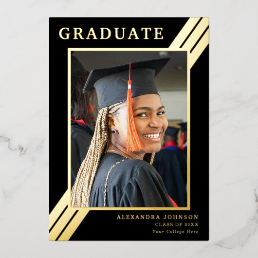 モダンはっきりしたストライプ金ゴールドグラッドフォトブラック 箔招待状 (正面)