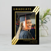 モダンはっきりしたストライプ金ゴールドグラッドフォトブラック 箔招待状 (立ち正面)