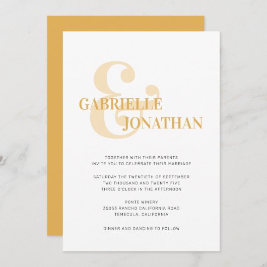 モダンはっきりしたタイポグラフィイエローウェディング招待 (正面/裏面)