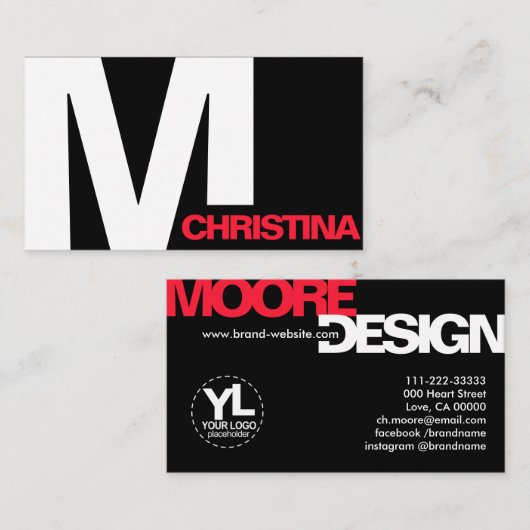 モダンはっきりしたタイポグラフィイニシャル白黒クール 名刺 (正面/裏面)